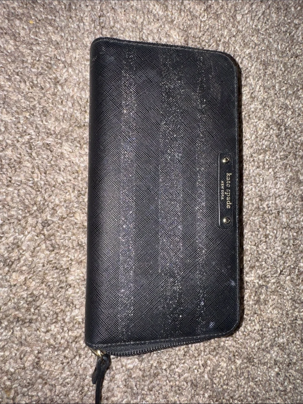 kate spade black textured zip-around wallet with silver logo